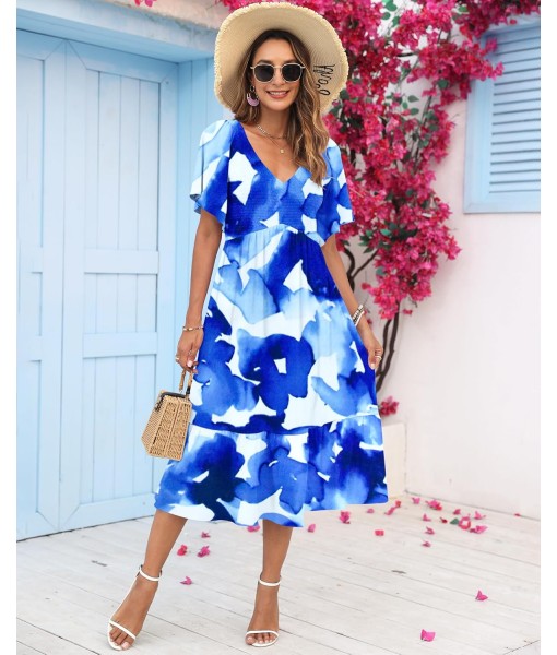 AUSELILY Women's Summer Empire Waist Dress Smocked Flutter Short Sleeve V Neck Midi Dresses 2025 New