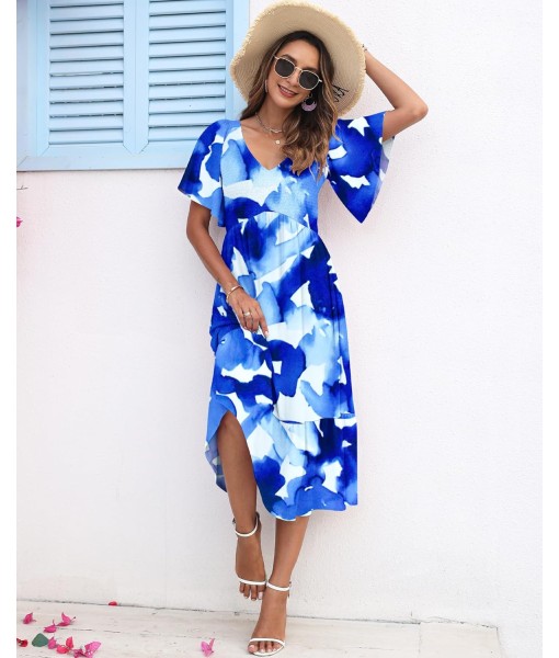 AUSELILY Women's Summer Empire Waist Dress Smocked Flutter Short Sleeve V Neck Midi Dresses 2025 New