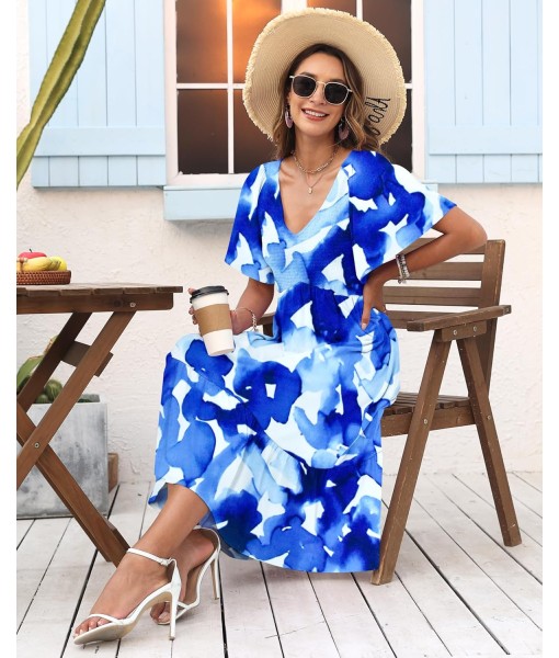 AUSELILY Women's Summer Empire Waist Dress Smocked Flutter Short Sleeve V Neck Midi Dresses 2025 New