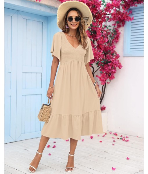 AUSELILY Women's Summer Empire Waist Dress Smocked Flutter Short Sleeve V Neck Midi Dresses 2025 New