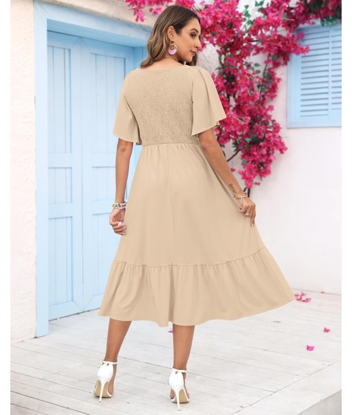 AUSELILY Women's Summer Empire Waist Dress Smocked Flutter Short Sleeve V Neck Midi Dresses 2025 New