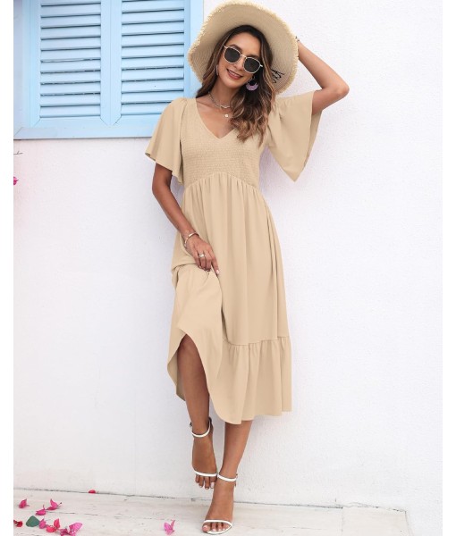 AUSELILY Women's Summer Empire Waist Dress Smocked Flutter Short Sleeve V Neck Midi Dresses 2025 New