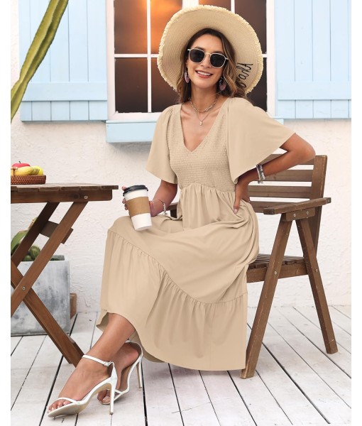 AUSELILY Women's Summer Empire Waist Dress Smocked Flutter Short Sleeve V Neck Midi Dresses 2025 New