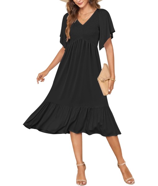 AUSELILY Women's Summer Empire Waist Dress Smocked Flutter Short Sleeve V Neck Midi Dresses 2025 New