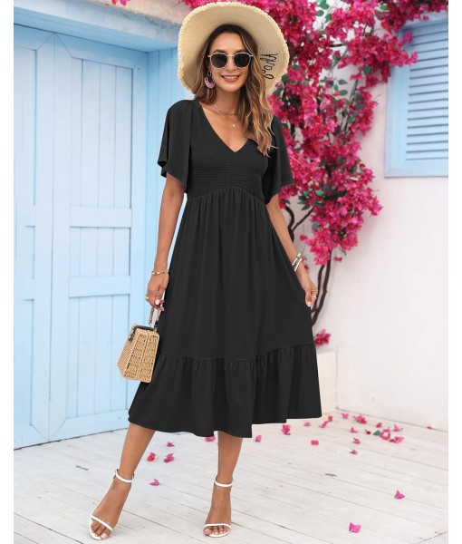 AUSELILY Women's Summer Empire Waist Dress Smocked Flutter Short Sleeve V Neck Midi Dresses 2025 New