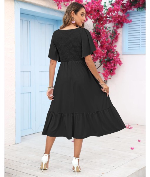 AUSELILY Women's Summer Empire Waist Dress Smocked Flutter Short Sleeve V Neck Midi Dresses 2025 New