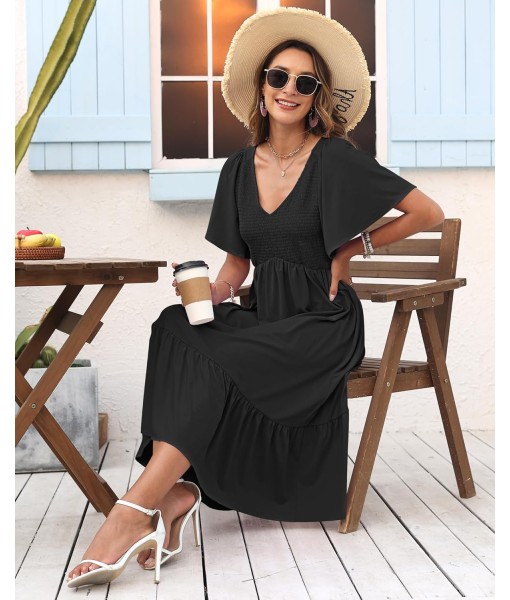 AUSELILY Women's Summer Empire Waist Dress Smocked Flutter Short Sleeve V Neck Midi Dresses 2025 New