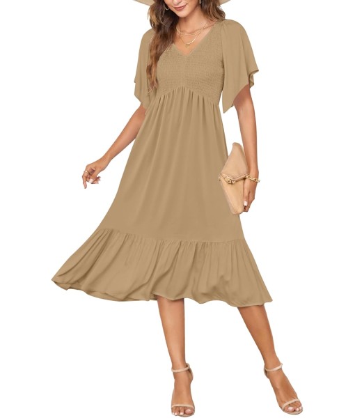 AUSELILY Women's Summer Empire Waist Dress Smocked Flutter Short Sleeve V Neck Midi Dresses 2025 New