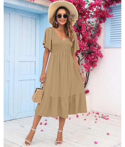 AUSELILY Women's Summer Empire Waist Dress Smocked Flutter Short Sleeve V Neck Midi Dresses 2025 New