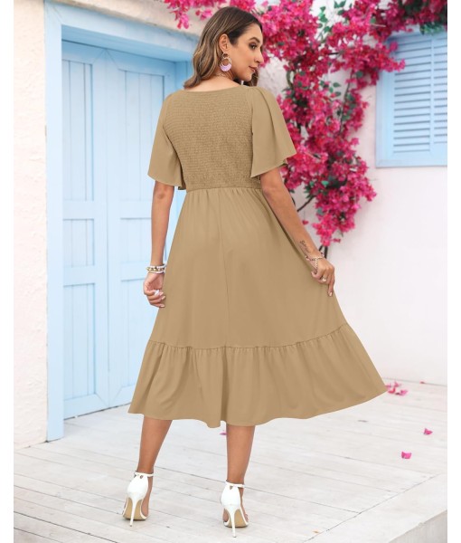 AUSELILY Women's Summer Empire Waist Dress Smocked Flutter Short Sleeve V Neck Midi Dresses 2025 New