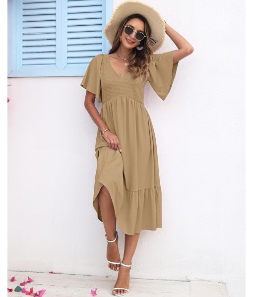 AUSELILY Women's Summer Empire Waist Dress Smocked Flutter Short Sleeve V Neck Midi Dresses 2025 New