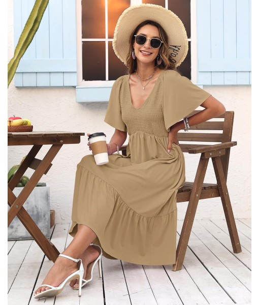 AUSELILY Women's Summer Empire Waist Dress Smocked Flutter Short Sleeve V Neck Midi Dresses 2025 New