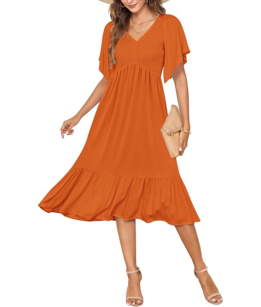 AUSELILY Women's Summer Empire Waist Dress Smocked Flutter Short Sleeve V Neck Midi Dresses 2025 New