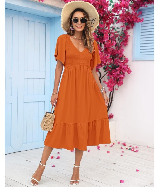 AUSELILY Women's Summer Empire Waist Dress Smocked Flutter Short Sleeve V Neck Midi Dresses 2025 New