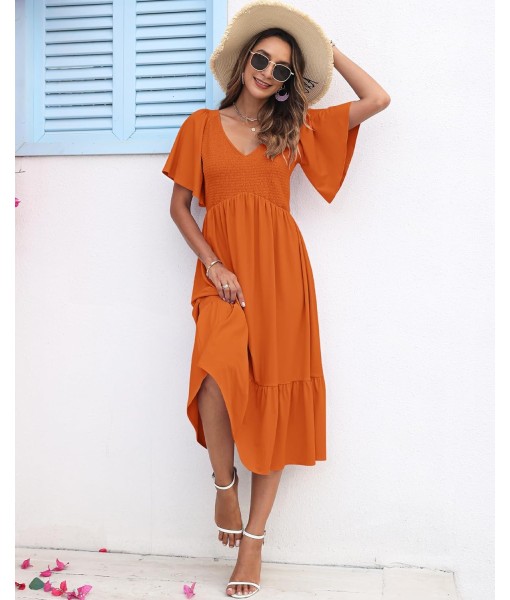 AUSELILY Women's Summer Empire Waist Dress Smocked Flutter Short Sleeve V Neck Midi Dresses 2025 New