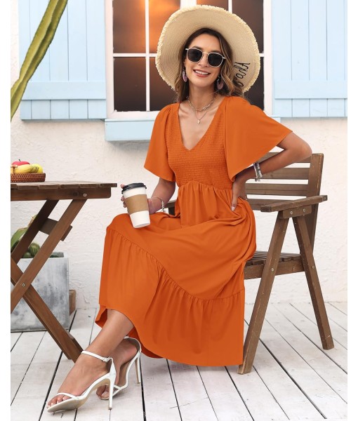 AUSELILY Women's Summer Empire Waist Dress Smocked Flutter Short Sleeve V Neck Midi Dresses 2025 New