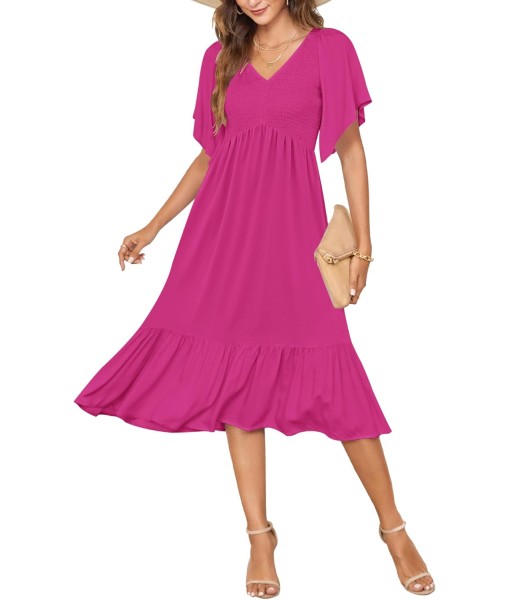 AUSELILY Women's Summer Empire Waist Dress Smocked Flutter Short Sleeve V Neck Midi Dresses 2025 New