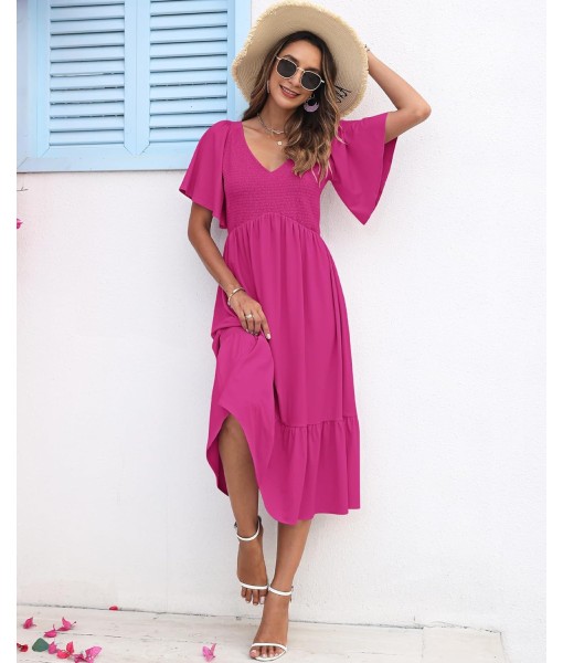 AUSELILY Women's Summer Empire Waist Dress Smocked Flutter Short Sleeve V Neck Midi Dresses 2025 New