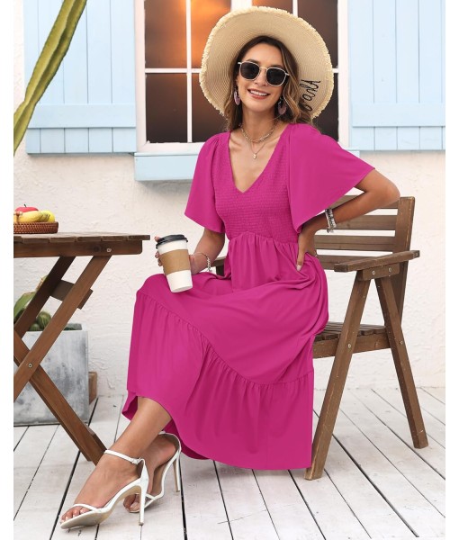 AUSELILY Women's Summer Empire Waist Dress Smocked Flutter Short Sleeve V Neck Midi Dresses 2025 New