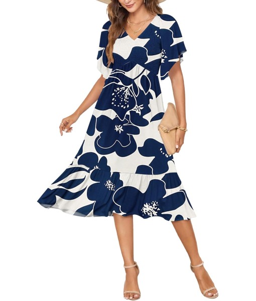 AUSELILY Women's Summer Empire Waist Dress Smocked Flutter Short Sleeve V Neck Midi Dresses 2025 New