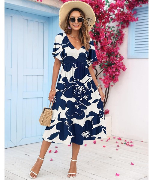 AUSELILY Women's Summer Empire Waist Dress Smocked Flutter Short Sleeve V Neck Midi Dresses 2025 New