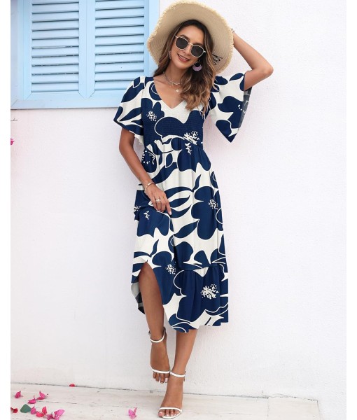 AUSELILY Women's Summer Empire Waist Dress Smocked Flutter Short Sleeve V Neck Midi Dresses 2025 New