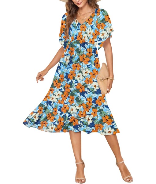 AUSELILY Women's Summer Empire Waist Dress Smocked Flutter Short Sleeve V Neck Midi Dresses 2025 New