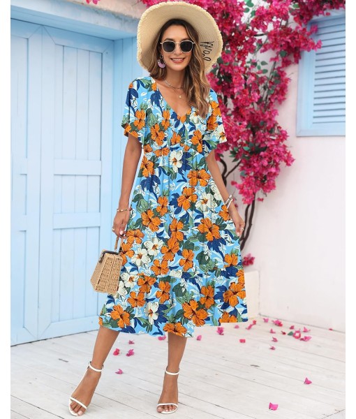 AUSELILY Women's Summer Empire Waist Dress Smocked Flutter Short Sleeve V Neck Midi Dresses 2025 New