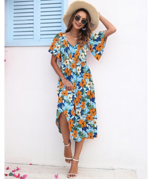 AUSELILY Women's Summer Empire Waist Dress Smocked Flutter Short Sleeve V Neck Midi Dresses 2025 New
