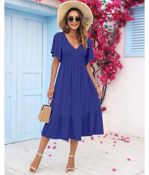 AUSELILY Women's Summer Empire Waist Dress Smocked Flutter Short Sleeve V Neck Midi Dresses 2025 New