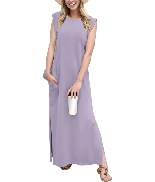 GRECERELLE 2025 Women Year-Round Casual Round Neck Loose Split Wrinkle-Free Long Maxi Vacation Dress with Pockets (XS-3XL)