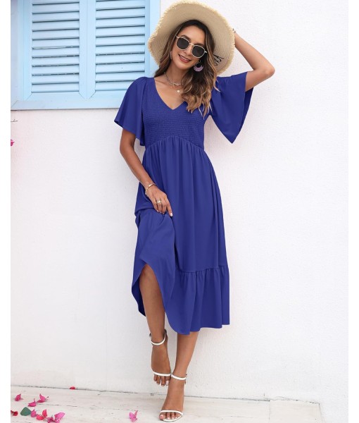 AUSELILY Women's Summer Empire Waist Dress Smocked Flutter Short Sleeve V Neck Midi Dresses 2025 New