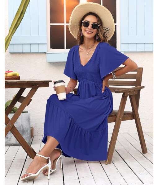 AUSELILY Women's Summer Empire Waist Dress Smocked Flutter Short Sleeve V Neck Midi Dresses 2025 New