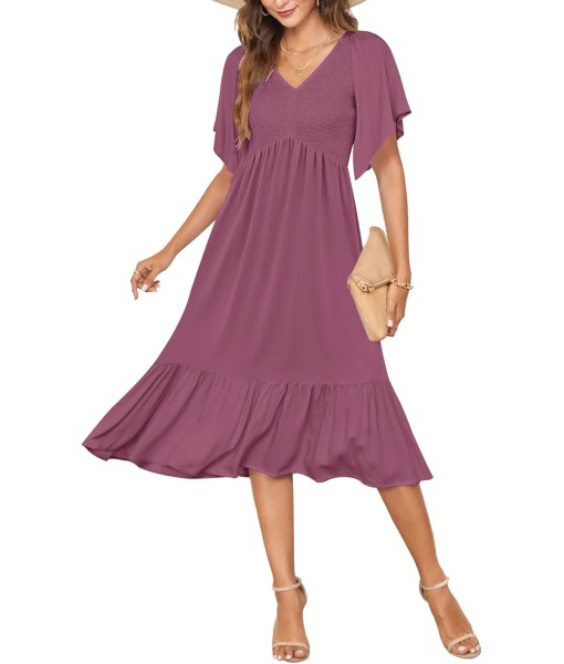 AUSELILY Women's Summer Empire Waist Dress Smocked Flutter Short Sleeve V Neck Midi Dresses 2025 New