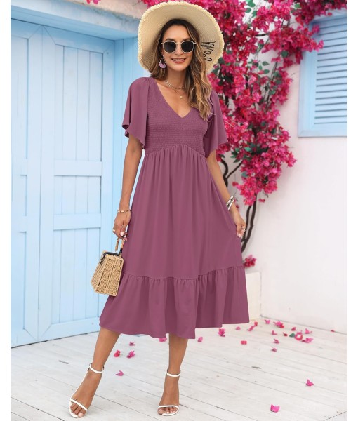 AUSELILY Women's Summer Empire Waist Dress Smocked Flutter Short Sleeve V Neck Midi Dresses 2025 New