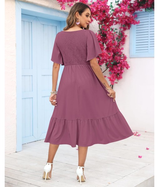 AUSELILY Women's Summer Empire Waist Dress Smocked Flutter Short Sleeve V Neck Midi Dresses 2025 New