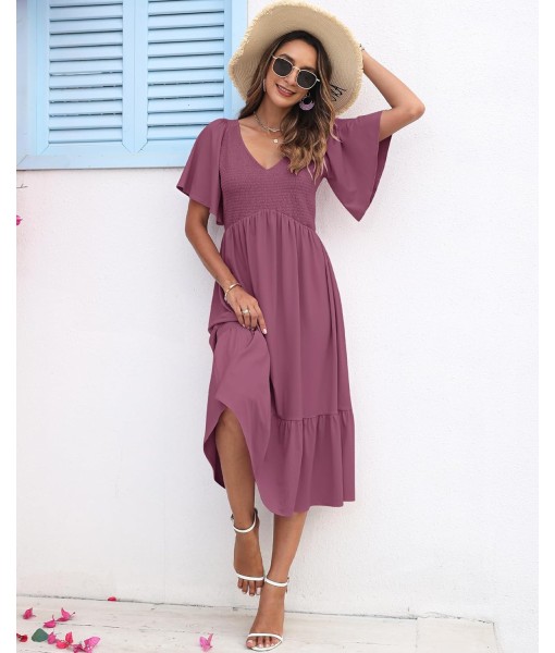 AUSELILY Women's Summer Empire Waist Dress Smocked Flutter Short Sleeve V Neck Midi Dresses 2025 New