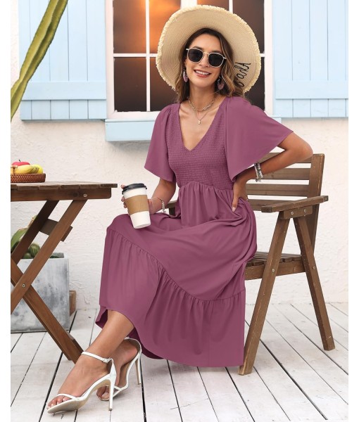 AUSELILY Women's Summer Empire Waist Dress Smocked Flutter Short Sleeve V Neck Midi Dresses 2025 New