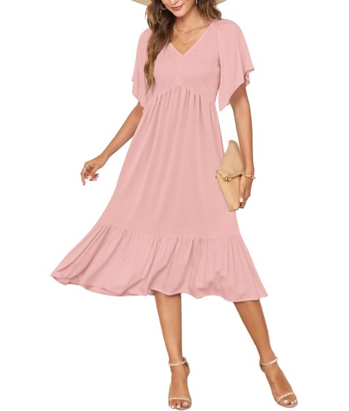 AUSELILY Women's Summer Empire Waist Dress Smocked Flutter Short Sleeve V Neck Midi Dresses 2025 New