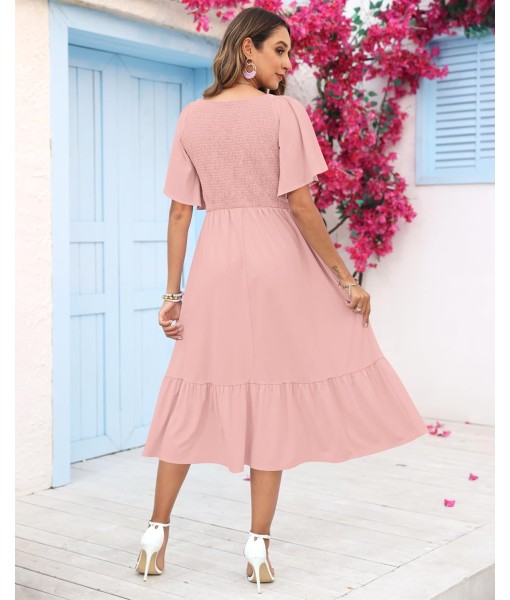 AUSELILY Women's Summer Empire Waist Dress Smocked Flutter Short Sleeve V Neck Midi Dresses 2025 New