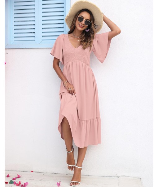 AUSELILY Women's Summer Empire Waist Dress Smocked Flutter Short Sleeve V Neck Midi Dresses 2025 New