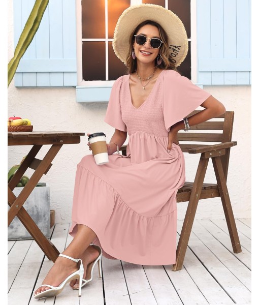 AUSELILY Women's Summer Empire Waist Dress Smocked Flutter Short Sleeve V Neck Midi Dresses 2025 New