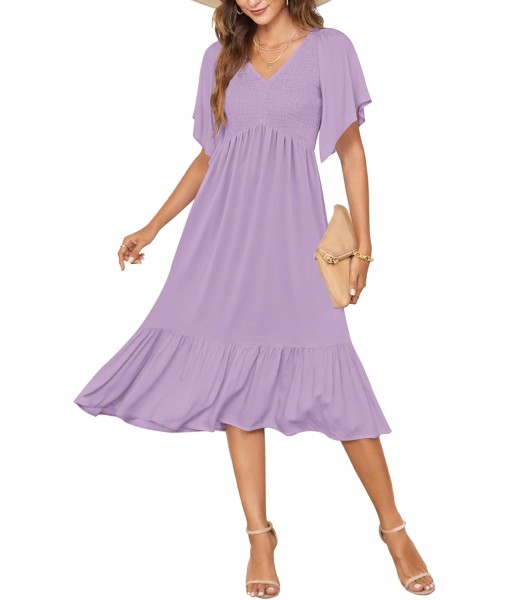 AUSELILY Women's Summer Empire Waist Dress Smocked Flutter Short Sleeve V Neck Midi Dresses 2025 New