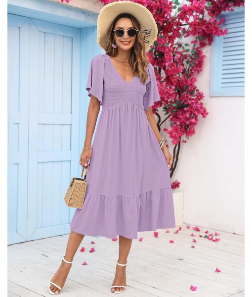 AUSELILY Women's Summer Empire Waist Dress Smocked Flutter Short Sleeve V Neck Midi Dresses 2025 New