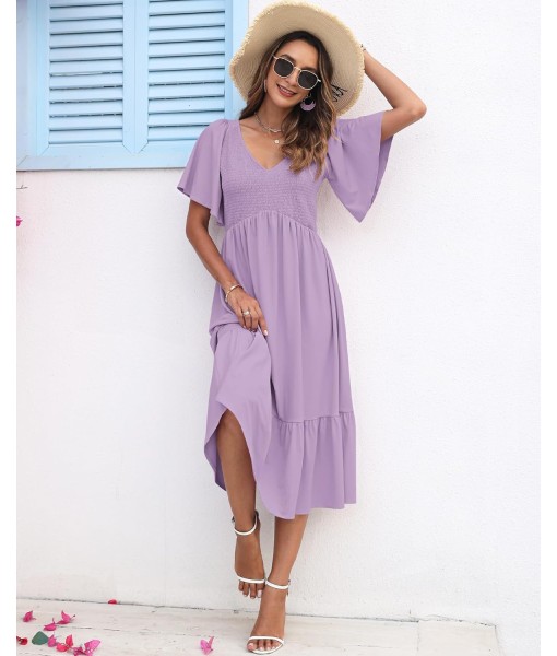 AUSELILY Women's Summer Empire Waist Dress Smocked Flutter Short Sleeve V Neck Midi Dresses 2025 New