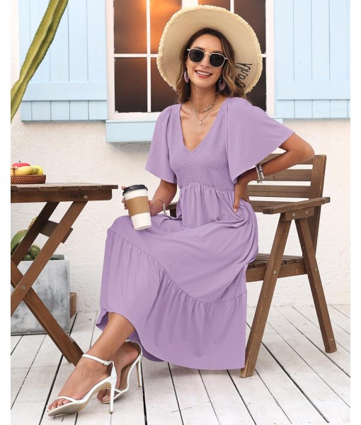 AUSELILY Women's Summer Empire Waist Dress Smocked Flutter Short Sleeve V Neck Midi Dresses 2025 New