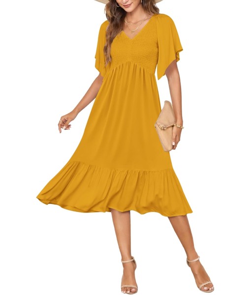 AUSELILY Women's Summer Empire Waist Dress Smocked Flutter Short Sleeve V Neck Midi Dresses 2025 New