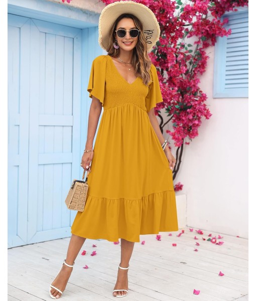 AUSELILY Women's Summer Empire Waist Dress Smocked Flutter Short Sleeve V Neck Midi Dresses 2025 New