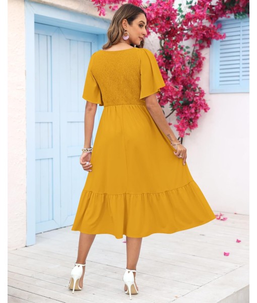 AUSELILY Women's Summer Empire Waist Dress Smocked Flutter Short Sleeve V Neck Midi Dresses 2025 New