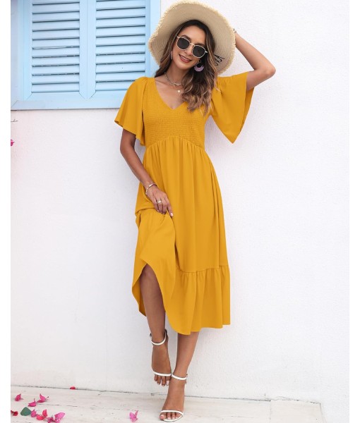 AUSELILY Women's Summer Empire Waist Dress Smocked Flutter Short Sleeve V Neck Midi Dresses 2025 New